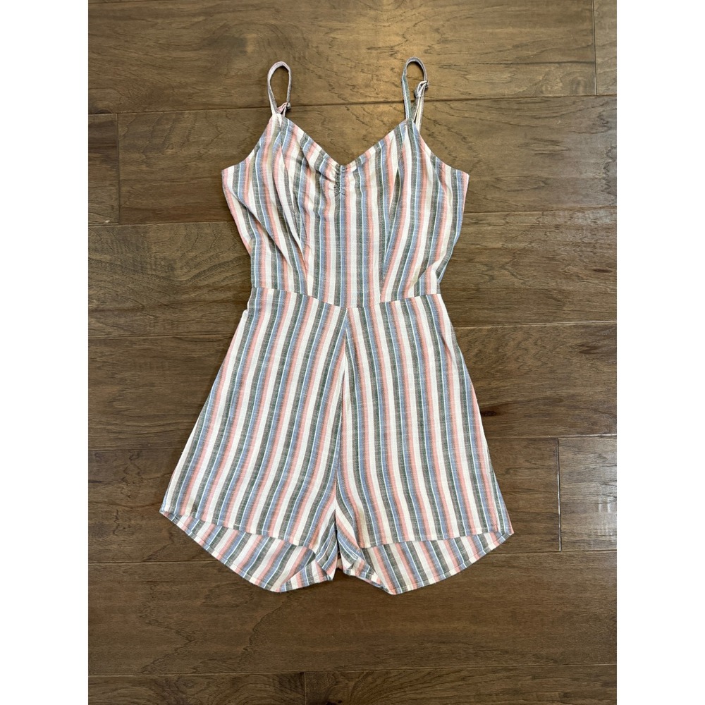 Aeropostale Womens XS Striped Linen Blend Tie Back Romper Multicolor‎ Sleeveless